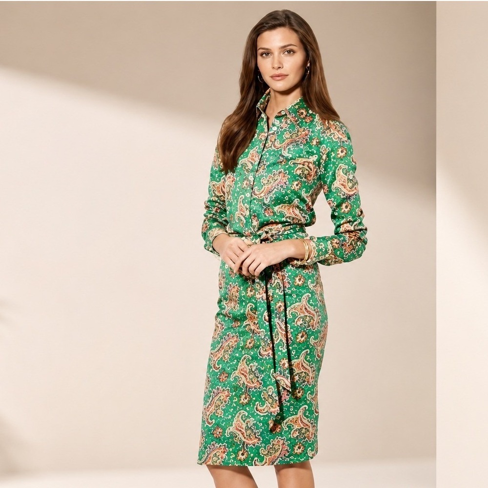 Lauren Ralph Lauren Green Paisley Cotton Belted Shirt Dress Size 4